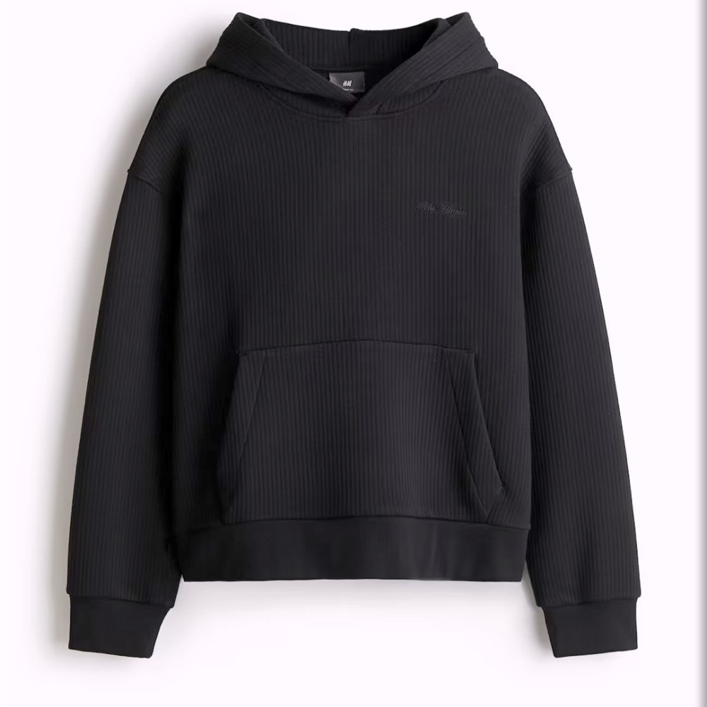 H&M Loose Fit Black Ribbed Hoodie Sweatshirt Soho Heights Logo Size M - Picture 10 of 14